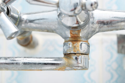 Dirty calcified shower mixer tap, faucet with limescale on it, close up